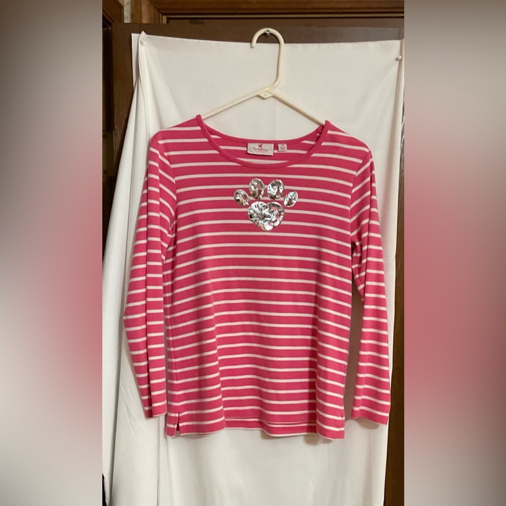 Quacker Factory: Pink and white striped top with a sequin embellished paw print